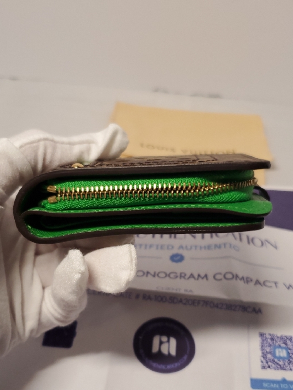 Authentic Louis Vuitton Brown Monogram Wallet with Green Accents - Picture 5 of 16